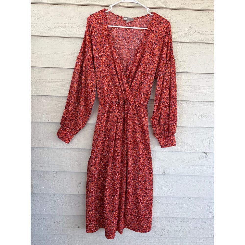 ASOS Floral Long Sleeve Midi Dress Red Orange Boho Size US 16 - Picture 2 of 8